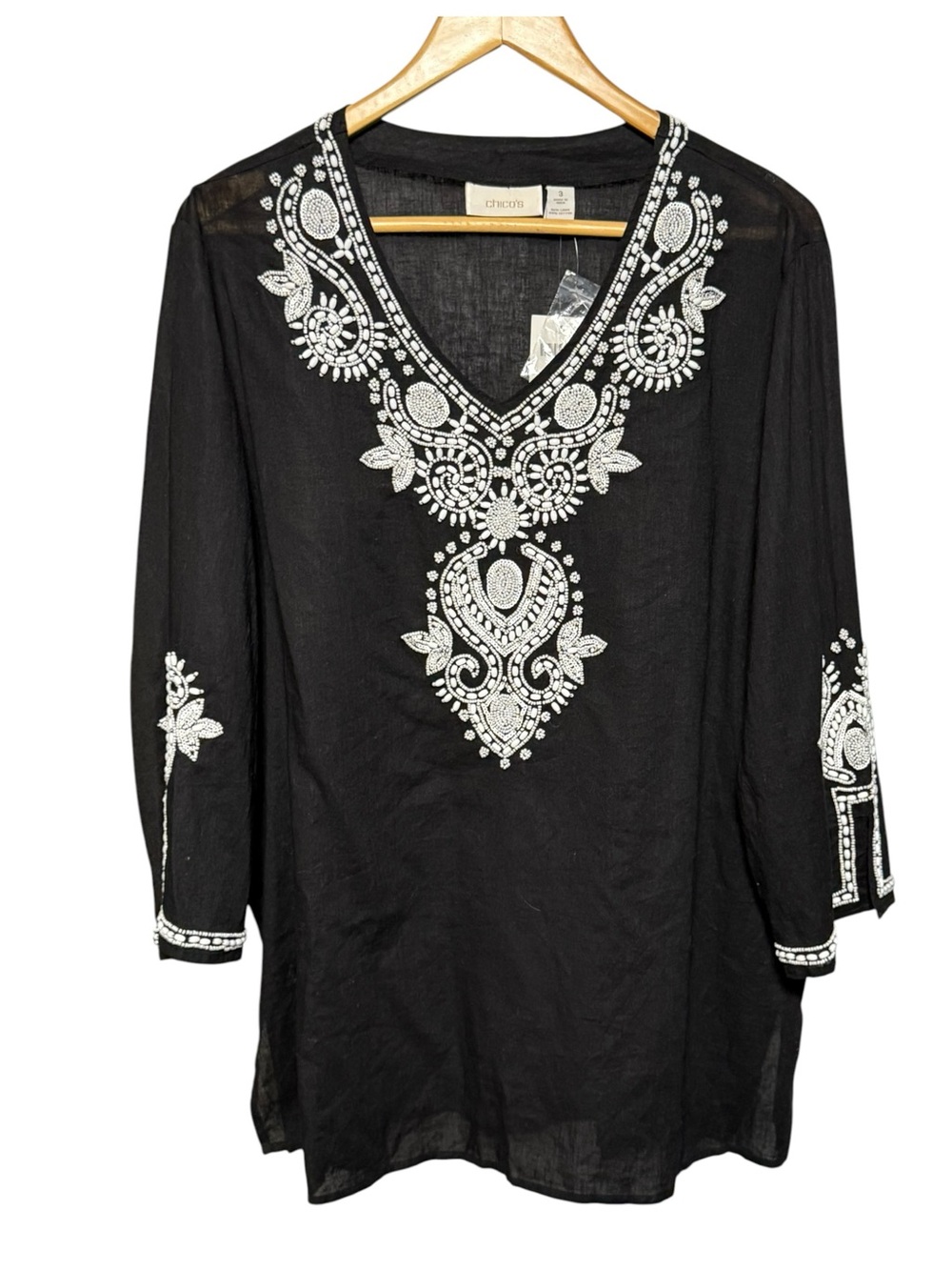 Chico’s Black Linen Blend Beaded Tunic Top White Embroidery Size L/XL NWT